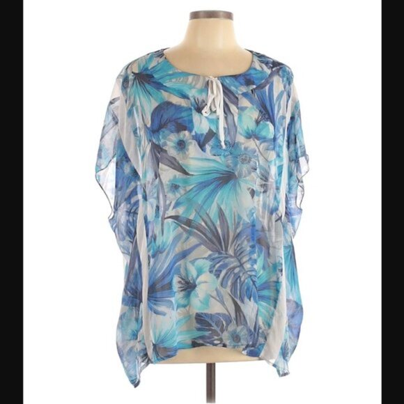 Neiman Marcus Blonde M Sheer Caftan Blue Floral Print Tie-Front Beach Vacation - Picture 3 of 9